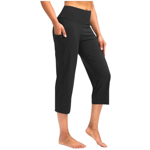 EMATOP Casual Caprihose Damen 3/4 Weites Bein Yogahose Leicht Bequeme Jogginghose Elegant Einfarbig Stoffhose High Waist Sporthose mit Taschen Freizeithose Elastische Taille Capri Hose von EMATOP
