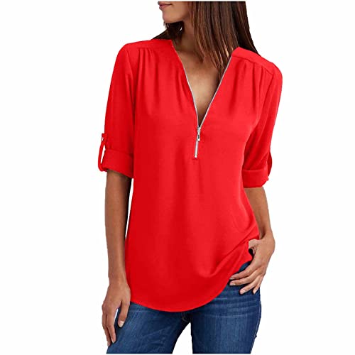 EMATOP Chiffon Blusen Damen Sommer Elegant Tshirt Lässig Lose Tunika Longshirt V-Ausschnitt Reißverschluss Oberteile Locker Einfarbig Kurzarm Sommershirt Teenager Mädchen Longbluse Sportshirt von EMATOP