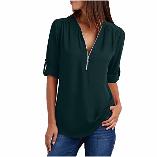 EMATOP Chiffon Blusen Damen Sommer Elegant Tshirt Lässig Lose Tunika Longshirt V-Ausschnitt Reißverschluss Oberteile Locker Einfarbig Kurzarm Sommershirt Teenager Mädchen Longbluse Sportshirt von EMATOP