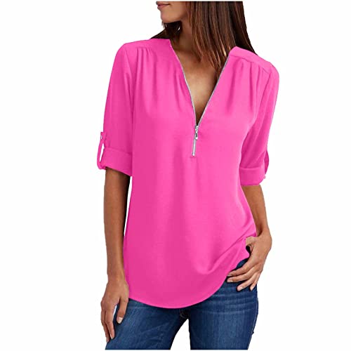 EMATOP Chiffon Blusen Damen Sommer Elegant Tshirt Lässig Lose Tunika Longshirt V-Ausschnitt Reißverschluss Oberteile Locker Einfarbig Kurzarm Sommershirt Teenager Mädchen Longbluse Sportshirt von EMATOP