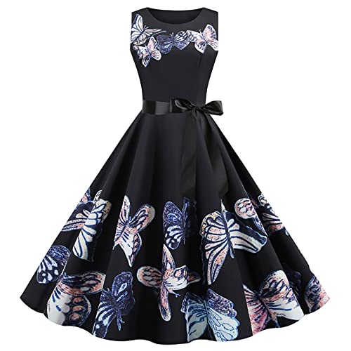 Cocktailkleid Damen 50er Jahre Rockabilly Kleid Vintage Ärmellos Abendkleid Retro Swing A Linie Faltenrock Knielang Sommerkleid Elegant Hohe Taille Ballkleid Blumen Druck Strandkleid von EMATOP