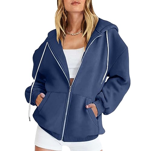 EMATOP College Jacke Damen Langarm Full Zip Sweatjacke Casual Lose Kapuzenjacke Elegant Einfarbig Sweatjacke mit Kapuze Hoodie Pullover Baumwolle Y2K Kapuzenpullover Herbst Winter Übergangsjacke von EMATOP