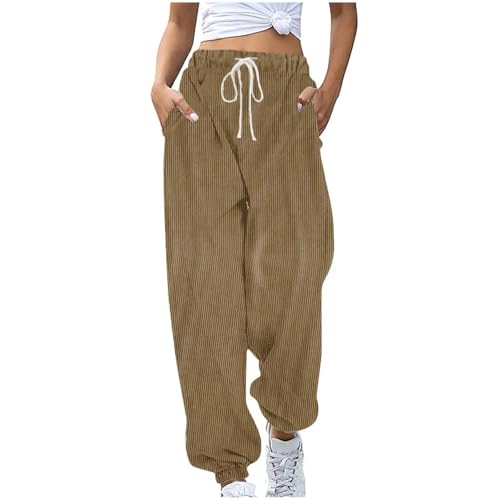 Cordhose Damen Lässig Sport Sweathose Warm Winter Sporthose Lange Elegant Jogginghose High Waist Freizeithose mit Taschen Laufhosen Elastische Taille Yogahose Baumwolle Einfarbig Hosen von EMATOP