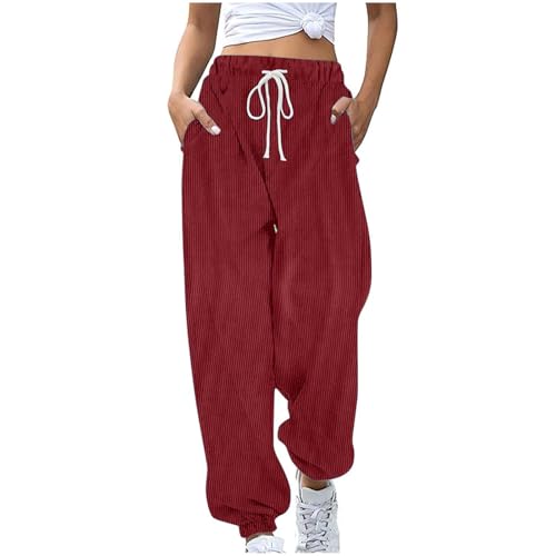 Cordhose Damen Lässig Sport Sweathose Warm Winter Sporthose Lange Elegant Jogginghose High Waist Freizeithose mit Taschen Laufhosen Elastische Taille Yogahose Baumwolle Einfarbig Hosen von EMATOP