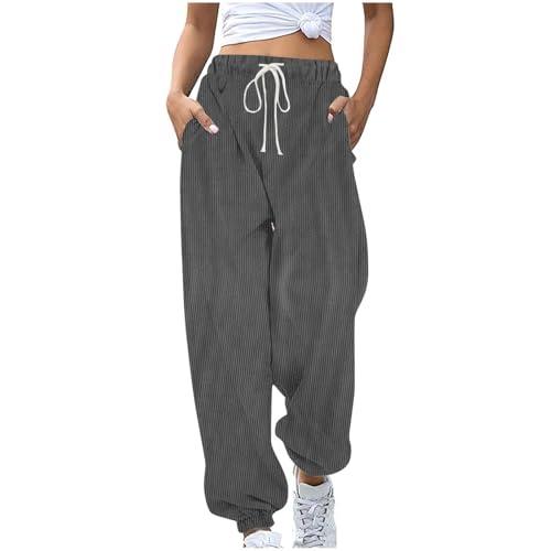 Cordhose Damen Lässig Sport Sweathose Warm Winter Sporthose Lange Elegant Jogginghose High Waist Freizeithose mit Taschen Laufhosen Elastische Taille Yogahose Baumwolle Einfarbig Hosen von EMATOP