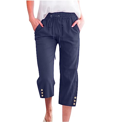 EMATOP Damen 3/4 Hose Casual Sport Caprihose Baumwolle Leinen Sommerhose Weites Bein Hosen Einfarbig Leicht Freizeithosen Taschen Knopf Sweathose Hohe Taille Sporthose Elegant Jogginghose von EMATOP