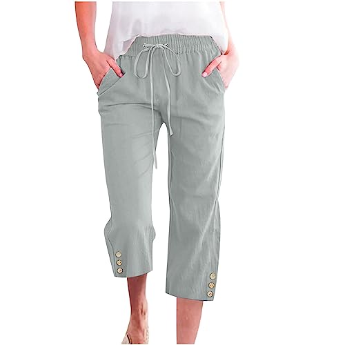 EMATOP Damen 3/4 Hose Casual Sport Caprihose Baumwolle Leinen Sommerhose Weites Bein Hosen Einfarbig Leicht Freizeithosen Taschen Knopf Sweathose Hohe Taille Sporthose Elegant Jogginghose von EMATOP