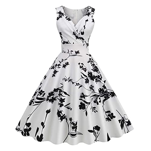 Damen 50er Jahre Kleider Vintage Rockabilly Cocktailkleid Sexy Ärmellos Ballkleid Elegant A-Line Kleid Blumendruck Sommerkleid Knielang V-Ausschnitt Abendkleid Hohe Taille Faltenrock von EMATOP