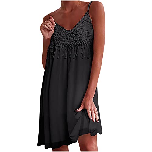 Damen Ärmellos Kleider Kurz V-Ausschnitt Sommerkleid Knielang A-Linie Minikleider Sexy Spaghetti Trägerkleid Spitzen Einfarbig Shortkleid Elegant Boho Strandkleid Baumwolle Freizeitkleid von EMATOP