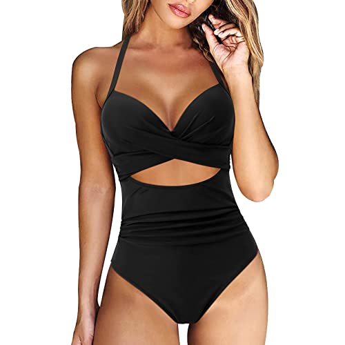 EMATOP Damen Badeanzug Sport Einteiler Bademode Bauchweg Push Up Monokini V-Ausschnitt Elegant Badeanzüge Sommer Strand Swimsuit Einfarbig Baumwolle Bikini Set Warehouse Deals Angebote von EMATOP