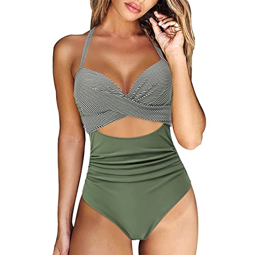 EMATOP Damen Badeanzug Sport Einteiler Bademode Bauchweg Push Up Monokini V-Ausschnitt Elegant Badeanzüge Sommer Strand Swimsuit Einfarbig Baumwolle Bikini Set unsere Marken von EMATOP