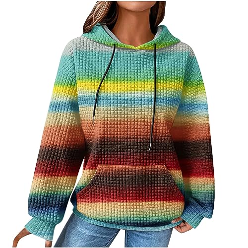 EMATOP Damen Baumwolle Hoodie Causal Langarm Kapuzenpullover Herbst Winter Warm Pullover Vintage Bunte Print Sweatshirt mit Kapuze Pulli Oberteile Mode Waffel Kapuzenpulli mit Taschen Outwear von EMATOP