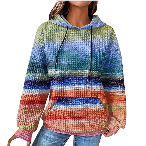 EMATOP Damen Baumwolle Hoodie Causal Langarm Kapuzenpullover Herbst Winter Warm Pullover Vintage Bunte Print Sweatshirt mit Kapuze Pulli Oberteile Mode Waffel Kapuzenpulli mit Taschen Outwear von EMATOP