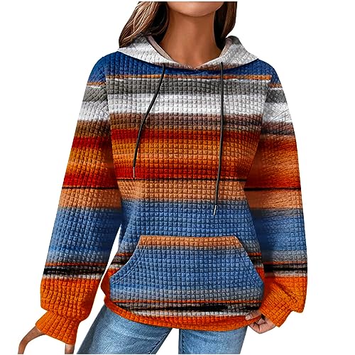 EMATOP Damen Baumwolle Hoodie Causal Langarm Kapuzenpullover Herbst Winter Warm Pullover Vintage Bunte Print Sweatshirt mit Kapuze Pulli Oberteile Mode Waffel Kapuzenpulli mit Taschen Outwear von EMATOP