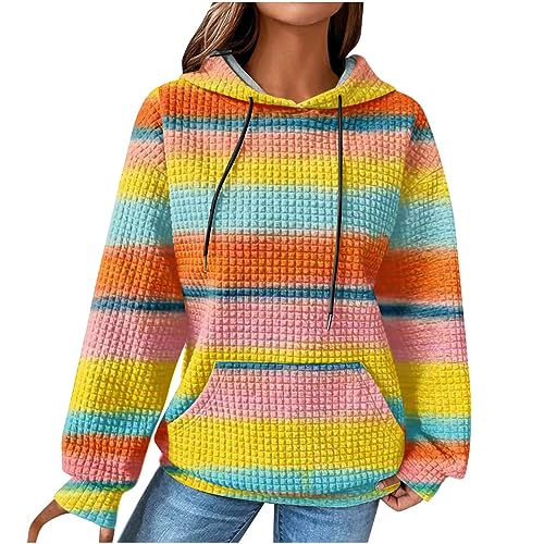 EMATOP Damen Baumwolle Hoodie Causal Langarm Kapuzenpullover Herbst Winter Warm Pullover Vintage Bunte Print Sweatshirt mit Kapuze Pulli Oberteile Mode Waffel Kapuzenpulli mit Taschen Outwear von EMATOP