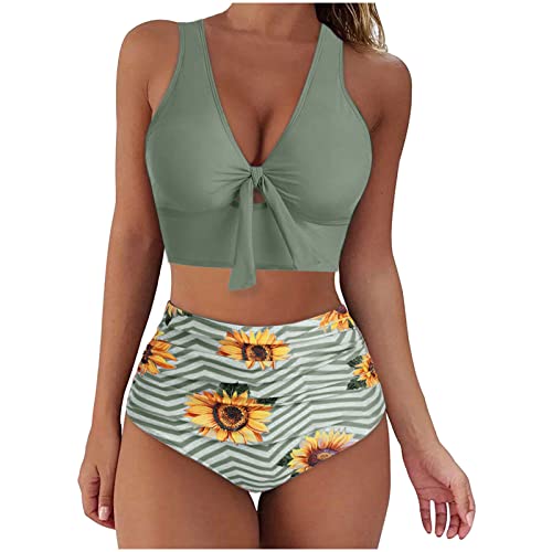 EMATOP Damen Bikini Set Sexy Badeanzug Zweiteiliger V Ausschnitt Oberteil und Hohe Taille Bikinihose Elegant Stretch Tankini Sets Einfarbig Blumen Druck Swimsuit Weich Bademode für Urlaub von EMATOP