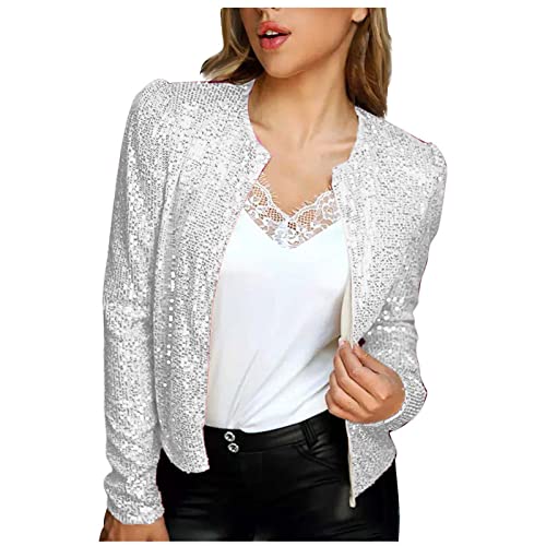 EMATOP Damen Blazer mit Glitzer Langarm Bomberjacke Slim Fit Pailletten Jacke Elegant Kurz Mantel Sakko Einfarbig Blazermantel Party Outwear Cardigan Tops Teenager Mädchen Streetwear von EMATOP