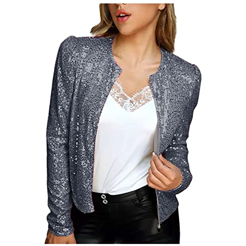 EMATOP Damen Blazer mit Glitzer Langarm Bomberjacke Slim Fit Pailletten Jacke Elegant Kurz Mantel Sakko Einfarbig Blazermantel Party Outwear Cardigan Tops Teenager Mädchen Streetwear von EMATOP