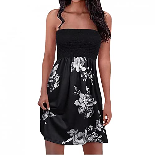 Damen Boho Kleid Bandeau Sommerkleid Elegant Kurz Freizeitkleid Trägerlos Ärmellos Strandkleid Cocktailkleid Farbverlauf Blumen Druck Minikleid Stretch Hohe Taille Faltenkleid,Schwarz,XL von EMATOP