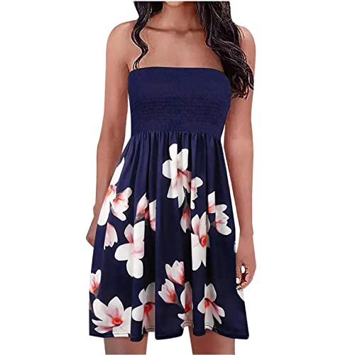 EMATOP Damen Boho Kleid Bandeau Sommerkleid Elegant Kurz Freizeitkleid Trägerlos Ärmellos Party Strandkleid Cocktailkleid Farbverlauf Blumen Druck Minikleid Stretch Hohe Taille Faltenkleid von EMATOP