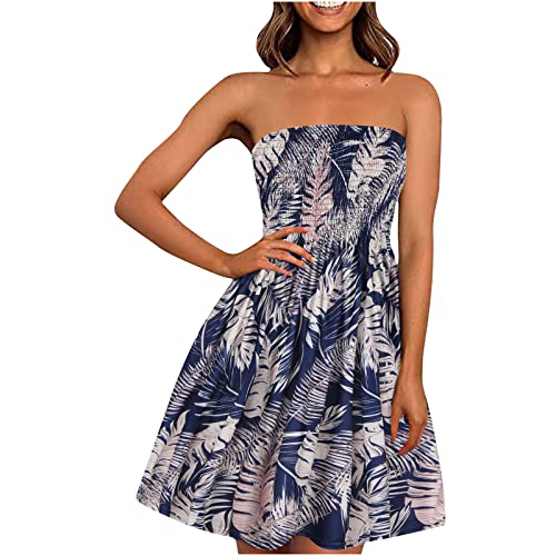 EMATOP Damen Boho Kleid Bandeau Sommerkleid Elegant Kurz Freizeitkleid Trägerlos Ärmellos Party Strandkleid Cocktailkleid Farbverlauf Blumen Druck Minikleid Stretch Hohe Taille Faltenkleid von EMATOP