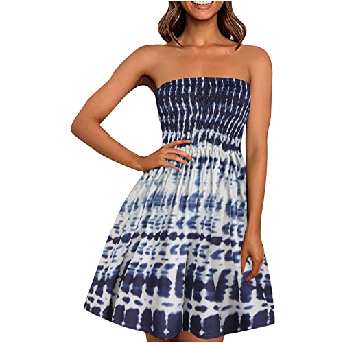 EMATOP Damen Boho Kleid Bandeau Sommerkleid Elegant Kurz Freizeitkleid Trägerlos Ärmellos Party Strandkleid Cocktailkleid Farbverlauf Blumen Druck Minikleid Stretch Hohe Taille Faltenkleid von EMATOP