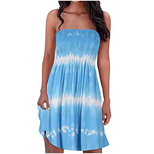 EMATOP Damen Boho Kleid Bandeau Sommerkleid Elegant Kurz Freizeitkleid Trägerlos Ärmellos Party Strandkleid Cocktailkleid Farbverlauf Blumen Druck Minikleid Stretch Hohe Taille Faltenkleid von EMATOP