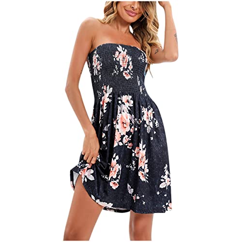 EMATOP Damen Boho Kleid Bandeau Sommerkleid Elegant Kurz Freizeitkleid Trägerlos Ärmellos Party Strandkleid Cocktailkleid Farbverlauf Blumen Druck Minikleid Stretch Hohe Taille Faltenkleid von EMATOP