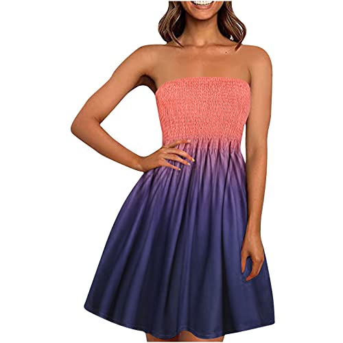 EMATOP Damen Boho Kleid Bandeau Sommerkleid Elegant Kurz Freizeitkleid Trägerlos Ärmellos Party Strandkleid Cocktailkleid Farbverlauf Blumen Druck Minikleid Stretch Hohe Taille Faltenkleid von EMATOP