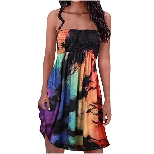 EMATOP Damen Boho Kleid Bandeau Sommerkleid Elegant Kurz Freizeitkleid Trägerlos Ärmellos Party Strandkleid Cocktailkleid Farbverlauf Blumen Druck Minikleid Stretch Hohe Taille Faltenkleid von EMATOP