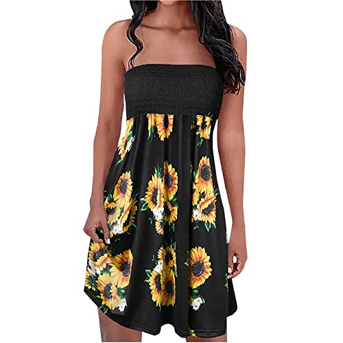 EMATOP Damen Boho Kleid Bandeau Sommerkleid Elegant Kurz Freizeitkleid Trägerlos Ärmellos Party Strandkleid Cocktailkleid Farbverlauf Blumen Druck Minikleid Stretch Hohe Taille Faltenkleid von EMATOP