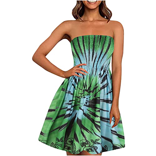 EMATOP Damen Boho Kleid Bandeau Sommerkleid Elegant Kurz Freizeitkleid Trägerlos Ärmellos Party Strandkleid Cocktailkleid Farbverlauf Blumen Druck Minikleid Stretch Hohe Taille Faltenkleid von EMATOP