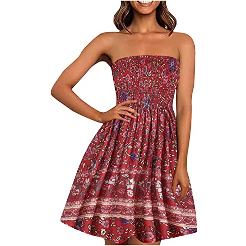 EMATOP Damen Boho Kleid Bandeau Sommerkleid Elegant Kurz Freizeitkleid Trägerlos Ärmellos Party Strandkleid Cocktailkleid Farbverlauf Blumen Druck Minikleid Stretch Hohe Taille Faltenkleid von EMATOP