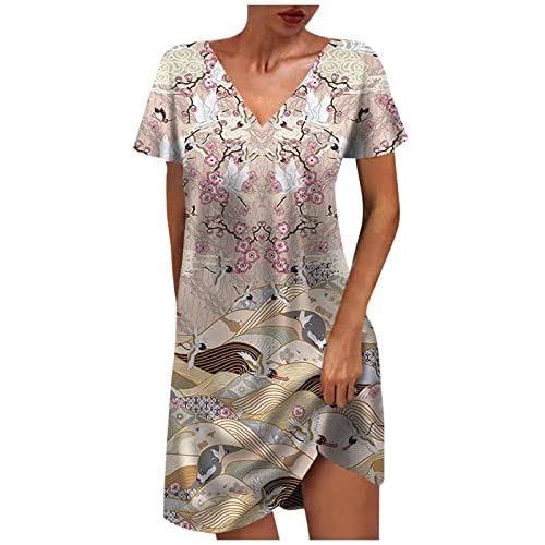 EMATOP Damen Boho Sommerkleider Blumen Kurzarm Retro Knielang Strandkleider V Ausschnitt Elegant Mit Gürtel Maxikleid von EMATOP