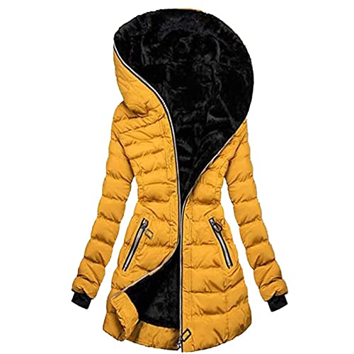 EMATOP Damen Daunenjacke Lang Elegant Mantel mit Kapuze Steppmantel Winter Warm Jacke Gefüttert Fleece Wintermantel Baumwolle Langarm Pufferjacke Outdoor Winddicht Winterjacke Windbreaker von EMATOP