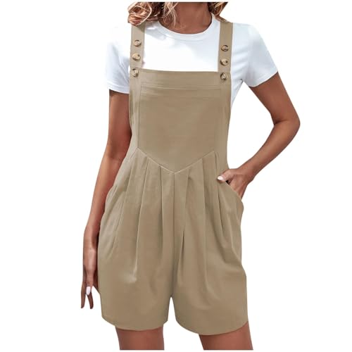 EMATOP Damen Elegant Kurz Playsuit Sommer Ärmellos Jumpsuit Einfarbig Baumwolle Einteiler Overalls Lässig Baggy Latzhose Hohe Taille Mode Trägerhose mit Taschen Arbeitshose Teenager Mädchen von EMATOP