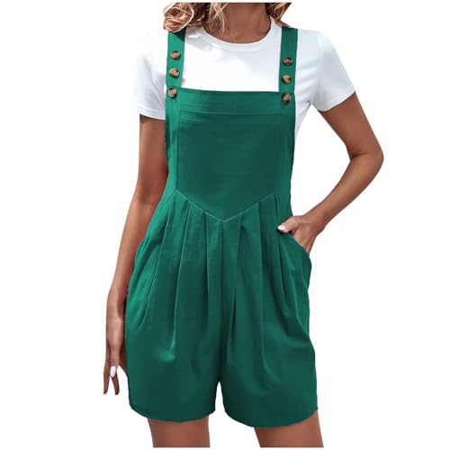 EMATOP Damen Elegant Kurz Playsuit Sommer Ärmellos Jumpsuit Einfarbig Baumwolle Einteiler Overalls Lässig Baggy Latzhose Hohe Taille Mode Trägerhose mit Taschen Arbeitshose Teenager Mädchen von EMATOP