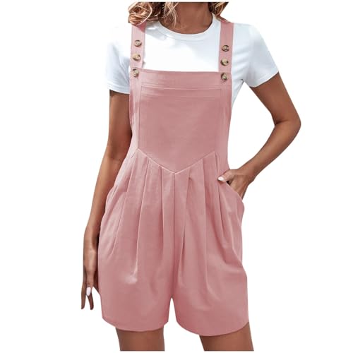 EMATOP Damen Elegant Kurz Playsuit Sommer Ärmellos Jumpsuit Einfarbig Baumwolle Einteiler Overalls Lässig Baggy Latzhose Hohe Taille Mode Trägerhose mit Taschen Arbeitshose Teenager Mädchen von EMATOP