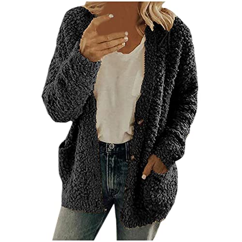 EMATOP Damen Fleecejacke Winter Teddy Mantel Warm Flauschig Jacke Dicke Gefüttert Plüschjacke Casual Langarm Wolljacke Kuschelig Einfarbig Winterjacke mit Taschen Teddyjacke Outdoor Wintermantel von EMATOP