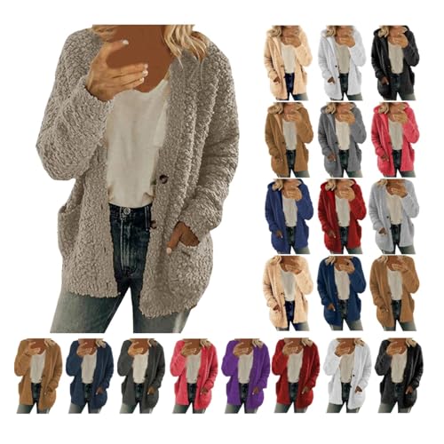 EMATOP Damen Fleecejacke Winter Teddy Mantel Warm Flauschig Jacke Dicke Gefüttert Plüschjacke Casual Langarm Wolljacke Kuschelig Einfarbig Winterjacke mit Taschen Teddyjacke Outdoor Wintermantel von EMATOP