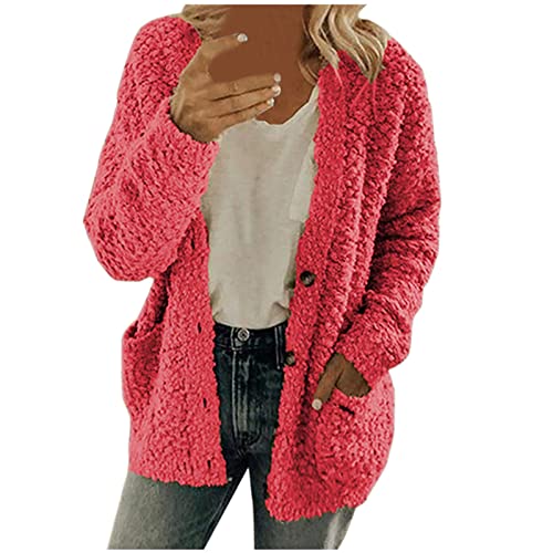 EMATOP Damen Fleecejacke Winter Teddy Mantel Warm Flauschig Jacke Dicke Gefüttert Plüschjacke Casual Langarm Wolljacke Kuschelig Einfarbig Winterjacke mit Taschen Teddyjacke Outdoor Wintermantel von EMATOP