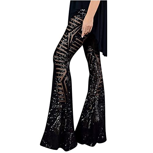 EMATOP Damen Glitzer Pailletten Hose Elegant Lang Sommerhose Boho Strandhose Hoch Taillierte Schlaghose Dehnbar Lässige Leggings Neuartiger Druck Hippie Hosen Teenager Mädchen Streetwear von EMATOP