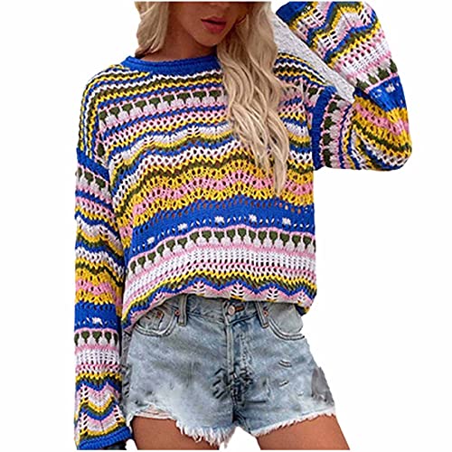 EMATOP Damen Grobstrick Pullover Langarm Jumper Sweater Casual Stricken Strickpullover Bunt Streifen Pulli Sweatshirt Farbblock Elegant Jumper Oberteile Herbst Winter Outwear Longpullover Frauen von EMATOP