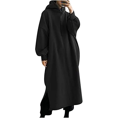 EMATOP Damen Hoodie Kleid Lange Sweatkleid Pullover Oversize Kapuzenpullover Sweatshirts Lässig Einfarbig Pulloverkleider Lose Winterkleid Mode Langarm Pulli Seitenteilung Herbst Winter Kleider von EMATOP