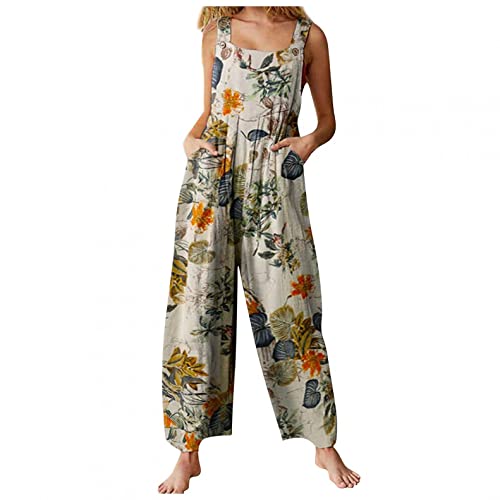 EMATOP Damen Jumpsuit Elegant Sommer Hosenanzug Ärmellos Overall Baumwolle Leinen Strampler Rompers Weitem Bein Playsuit Beiläufig Einfarbig Blumendruck Hosen Frauen Latzhose mit Taschen von EMATOP