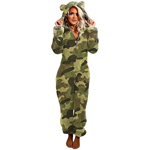 EMATOP Damen Jumpsuit Teddy Fleece Schlafanzug Flauschig Einteiler Onesie mit Kapuze und Reißverschluss Overall Anzug Klassisch Camouflage Druck Schlafoverall Herbst Winter Warm Ganzkörperanzug von EMATOP