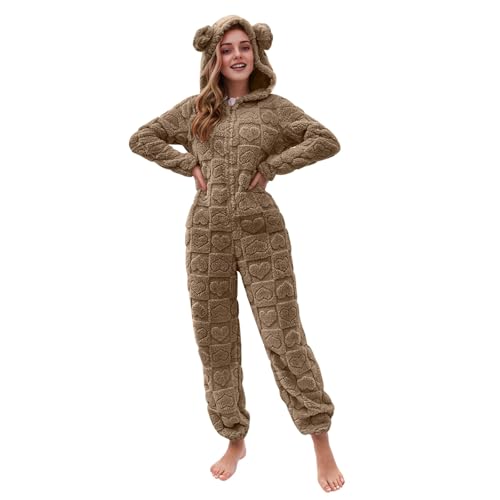 EMATOP Damen Jumpsuit Teddy Fleece Schlafanzug Lang Elegant Plüsch Overall Bequemer Einfarbig Einteiler Onesie Flauschig Kuschelig Hausanzug mit Kapuze Schlafoverall Lustig Langarm Latzhose von EMATOP