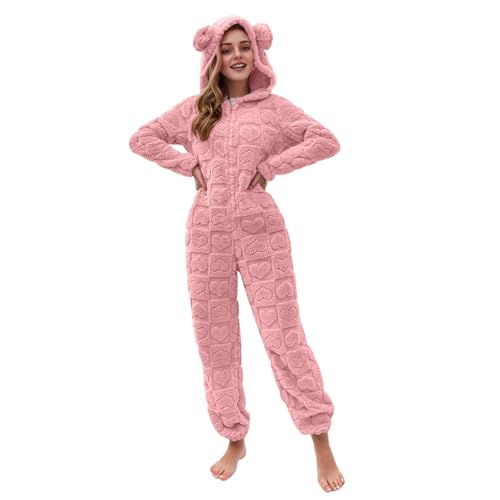 EMATOP Damen Jumpsuit Teddy Fleece Schlafanzug Lang Elegant Plüsch Overall Bequemer Einfarbig Einteiler Onesie Flauschig Kuschelig Hausanzug mit Kapuze Schlafoverall Lustig Langarm Latzhose von EMATOP