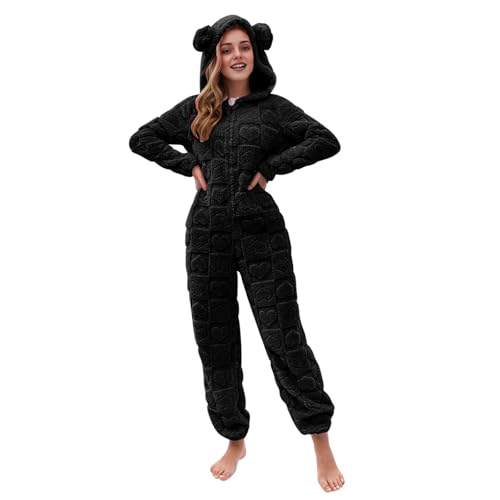 EMATOP Damen Jumpsuit Teddy Fleece Schlafanzug Lang Elegant Plüsch Overall Bequemer Einfarbig Einteiler Onesie Flauschig Kuschelig Hausanzug mit Kapuze Schlafoverall Lustig Langarm Latzhose von EMATOP