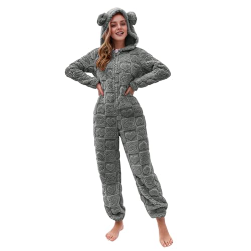 EMATOP Damen Jumpsuit Teddy Fleece Schlafanzug Lang Elegant Plüsch Overall Bequemer Einfarbig Einteiler Onesie Flauschig Kuschelig Hausanzug mit Kapuze Schlafoverall Lustig Langarm Latzhose von EMATOP